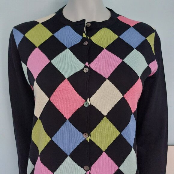 Cardigan Sweater Black Argyle Large Long Sleeves Colorful Preppy Classy Silk EUC - Picture 11 of 12